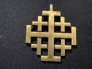 Vintage Brushed Brass Jerusalem Cross Pedant Signed TSG